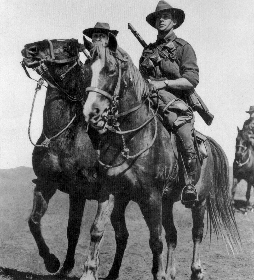 Troopers of the Australian Light Horse mounted on their 'Waler' horse, brought from Australia. These amazing horses in operations could carry up to 500lb and go without water for 40-60 hours.