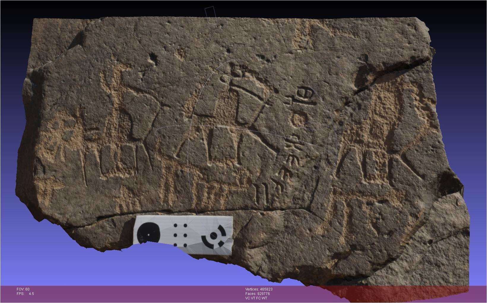 A three-dimensional computerized rendering of a stone surface carved with a Hismaic inscription and several camel drawings created using digital photogrammetry. Photo by Glenn Corbett.