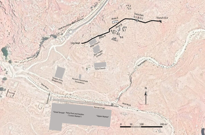 Map of the Petra North Ridge Project excavation areas. (Image courtesy of Megan A. Perry.)